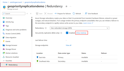Captura de tela mostrando o status de replicação de prioridade geográfica habilitada para contas existentes.
