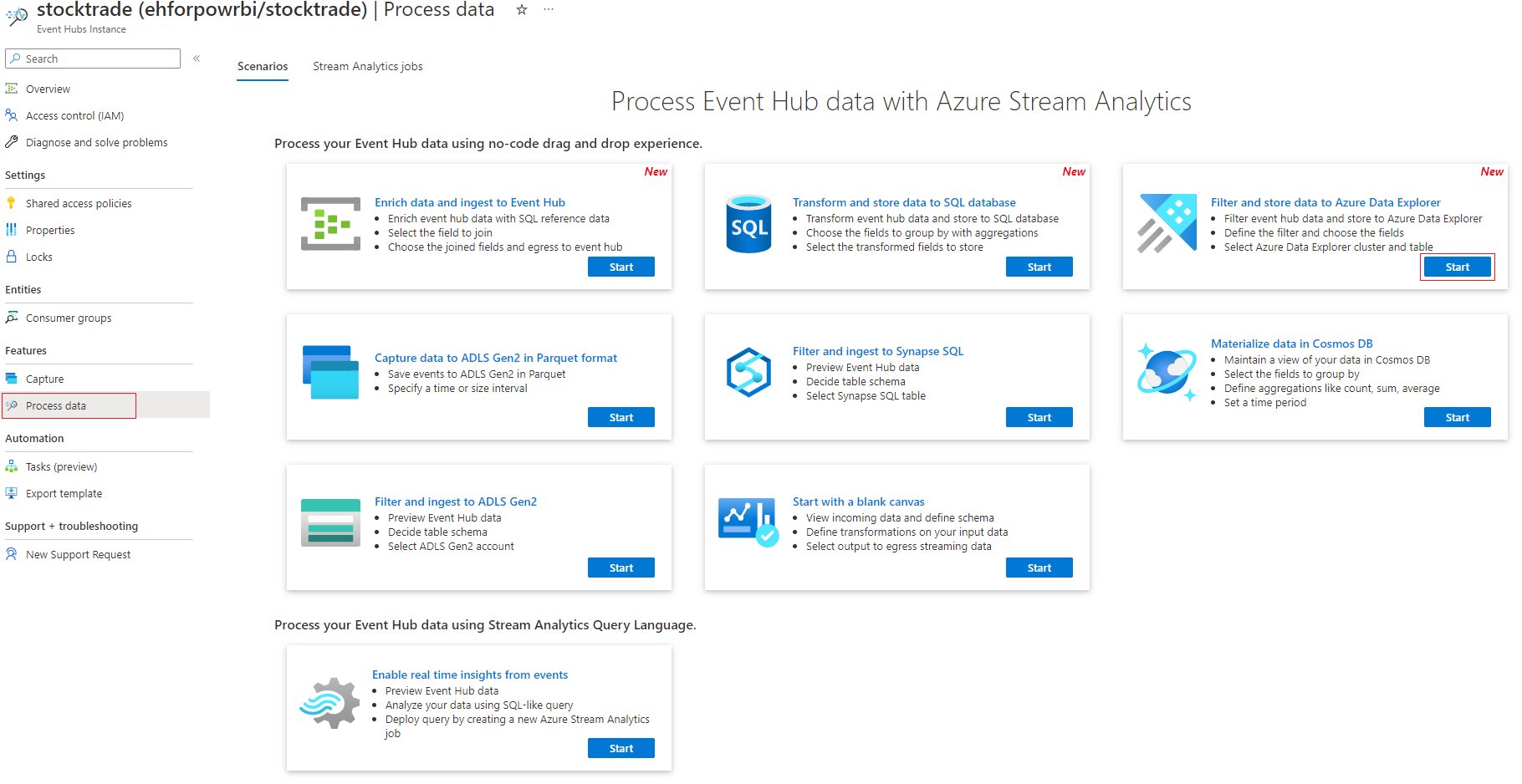Captura de ecrã a mostrar o Filtrar e ingerir no cartão Azure Data Lake Storage Gen2 onde seleciona Iniciar.
