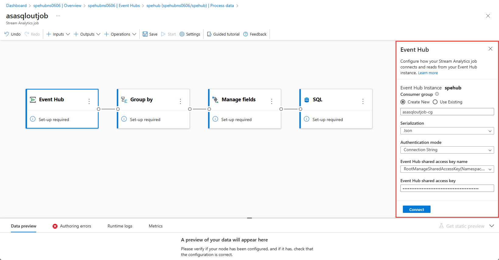 Captura de tela mostrando a configuração de conexão dos Hubs de Eventos.