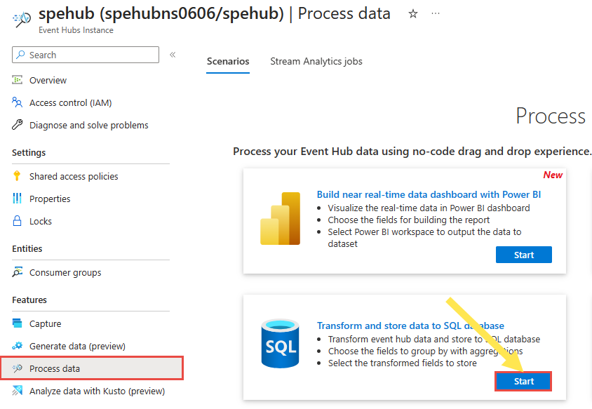 Captura de ecrã a mostrar o Filtrar e ingerir no cartão ADLS Gen2 onde seleciona Iniciar.