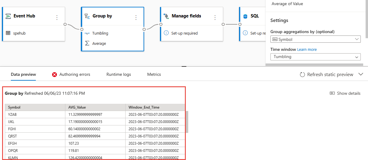Captura de ecrã que mostra a pré-visualização de dados para o grupo por operador.