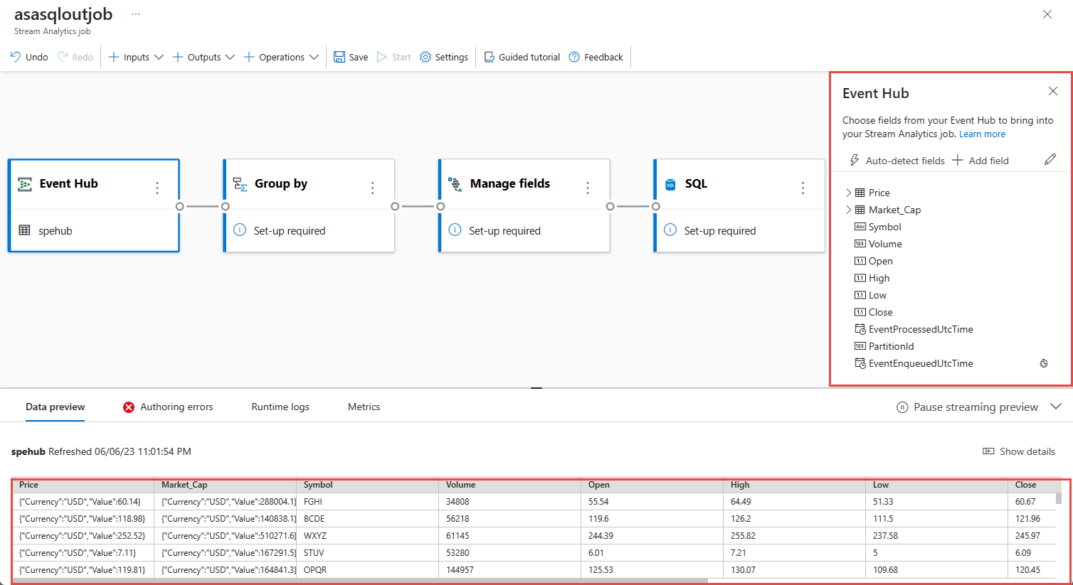 Captura de ecrã a mostrar dados de exemplo em Pré-visualização de Dados.