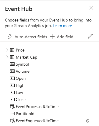 Captura de tela mostrando a lista de campos Hubs de Eventos onde você pode remover, renomear ou alterar o tipo de campo.