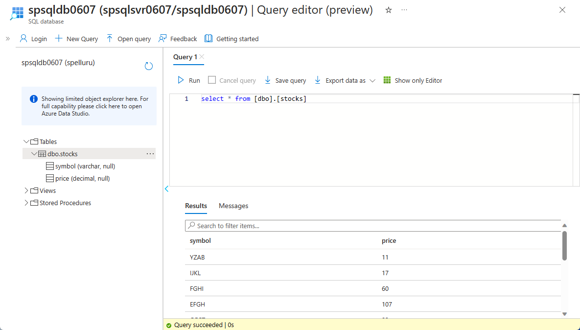 Captura de tela que mostra o conteúdo da tabela de ações no banco de dados.