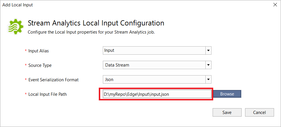Configuração de entrada local para o trabalho do Stream Analytics no Visual Studio