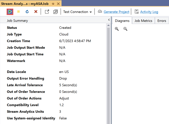 Captura de tela mostrando o botão Iniciar para iniciar um trabalho do Stream Analytics a partir do Visual Studio.