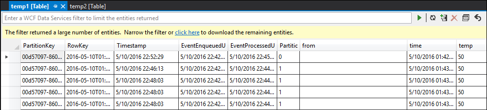 SELECT INTO tabela temp1 Consulta do Stream Analytics