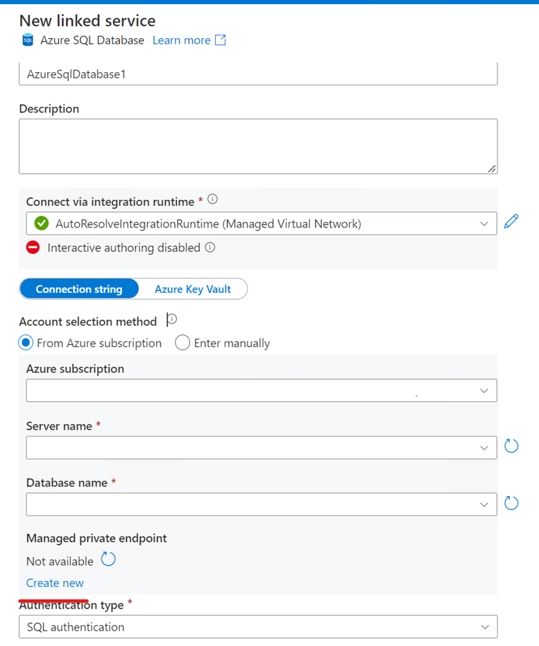 Captura de ecrã de um novo ponto de extremidade privado de serviço vinculado do banco de dados SQL do Azure 1.