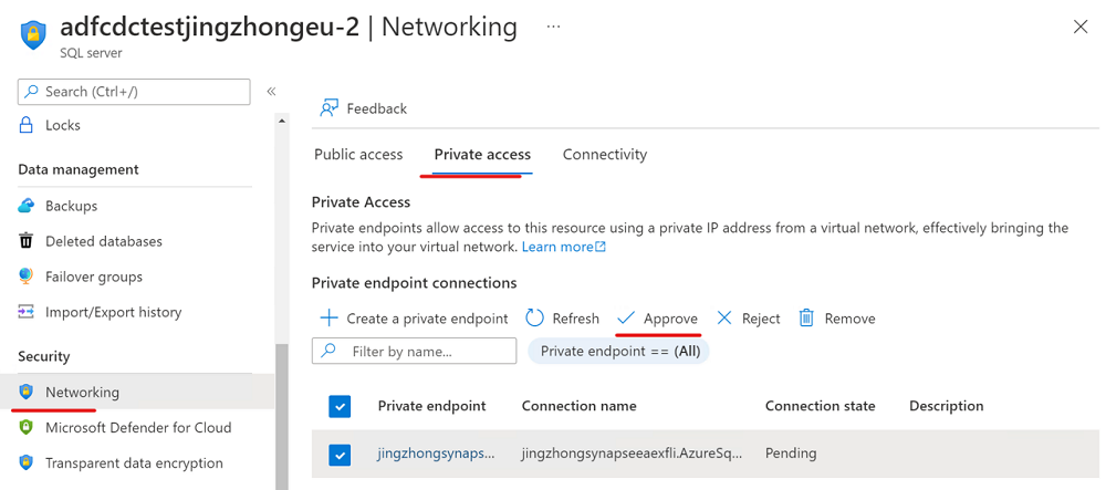 Captura de ecrã de um novo serviço vinculado a um ponto de extremidade privado 3 do banco de dados SQL do Azure.