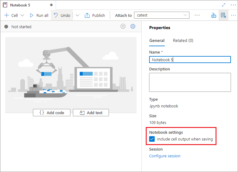 Captura de ecrã das propriedades do notebook Synapse e a caixa de seleção para incluir a saída das células ao guardar.