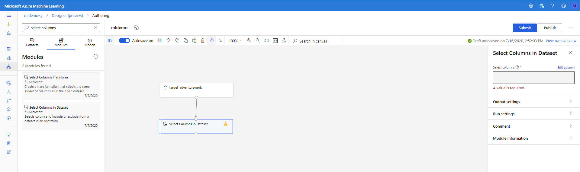Captura de ecrã do componente de seleção de coluna no ecrã.