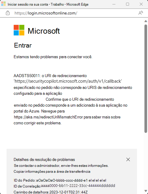 Imagem da mensagem de erro.
