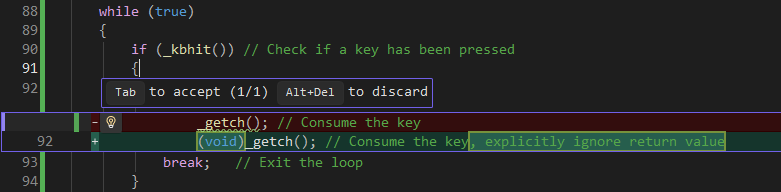 Captura de ecrã das alterações propostas pelo Copilot, com explicação sobre como usar a tecla Tab para aceitar ou Alt+Del para rejeitar.