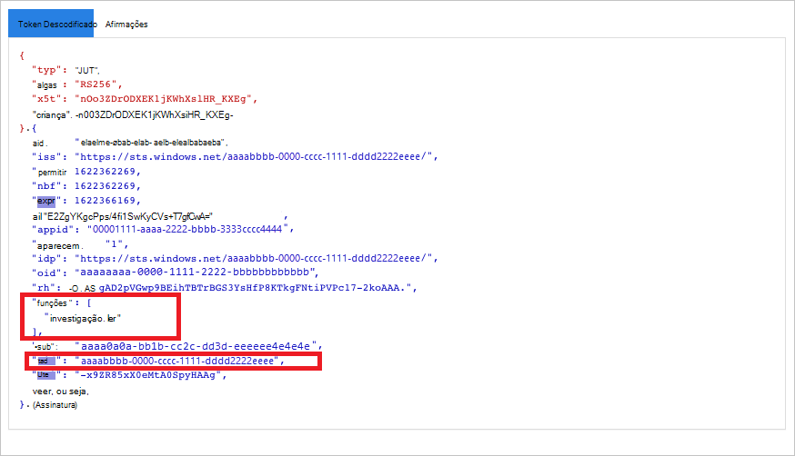 Captura de ecrã a mostrar o token descodificado.