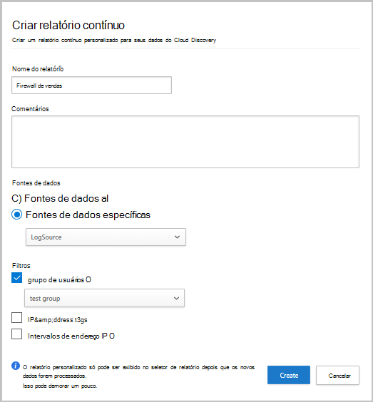 Captura de ecrã que mostra como criar um relatório contínuo.