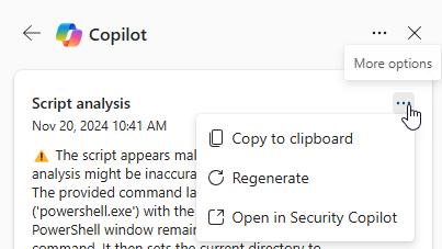 Captura de ecrã que mostra a opção Mais ações no cartão de análise de scripts Copilot.