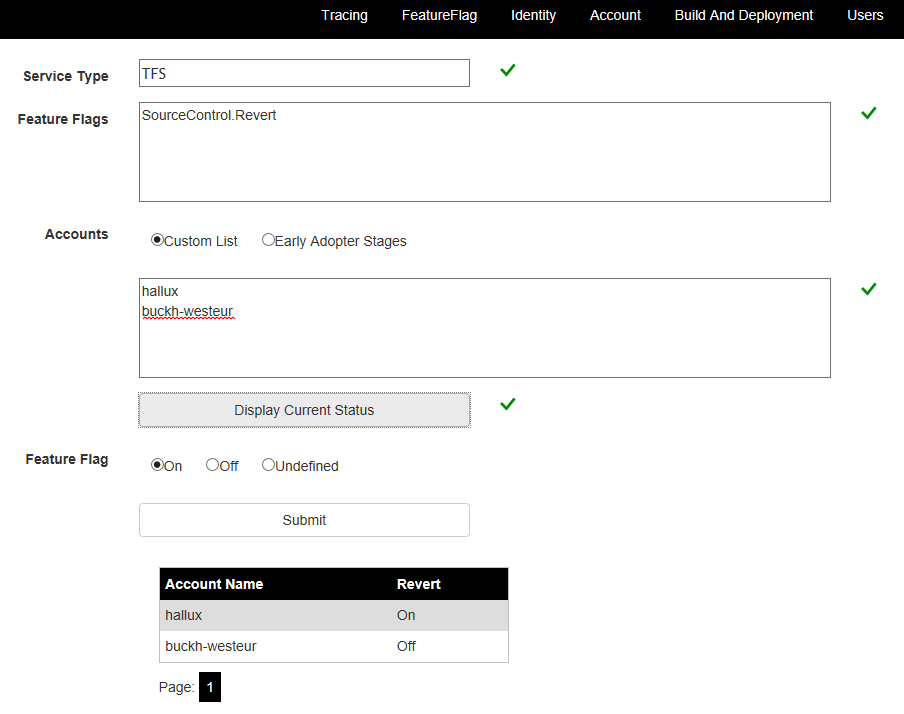 Captura de tela do controle de sinalizadores de recursos por meio da interface do usuário da Web.