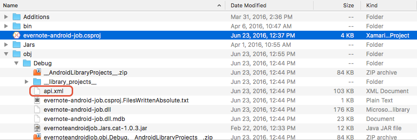Localização do ficheiro api.xml na pasta obj/Debug