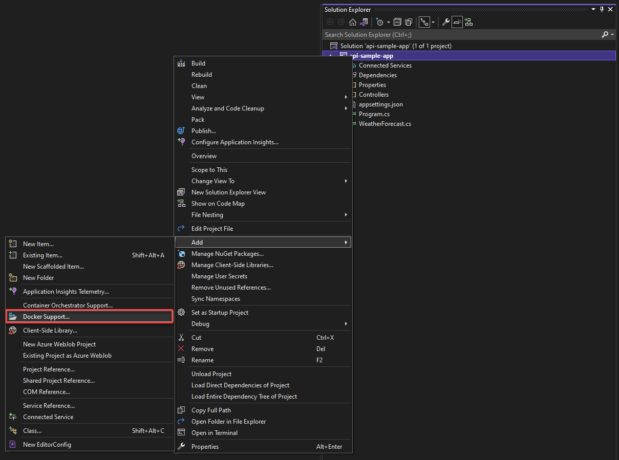 Visual Studio Adicionar suporte ao Docker
