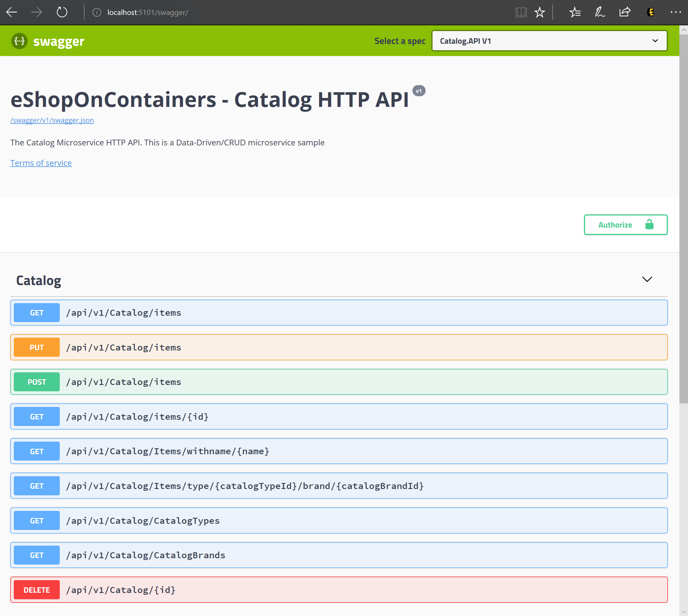 Captura de tela da interface do usuário do Swagger mostrando a API REST Catalog.API.