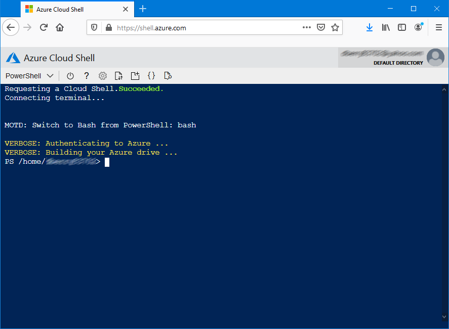 Captura de tela do Azure Cloud Shell em execução em um navegador