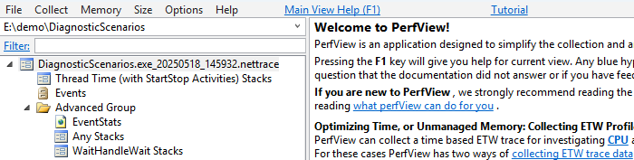 Captura de ecrã da abertura de um nettrace no PerfView