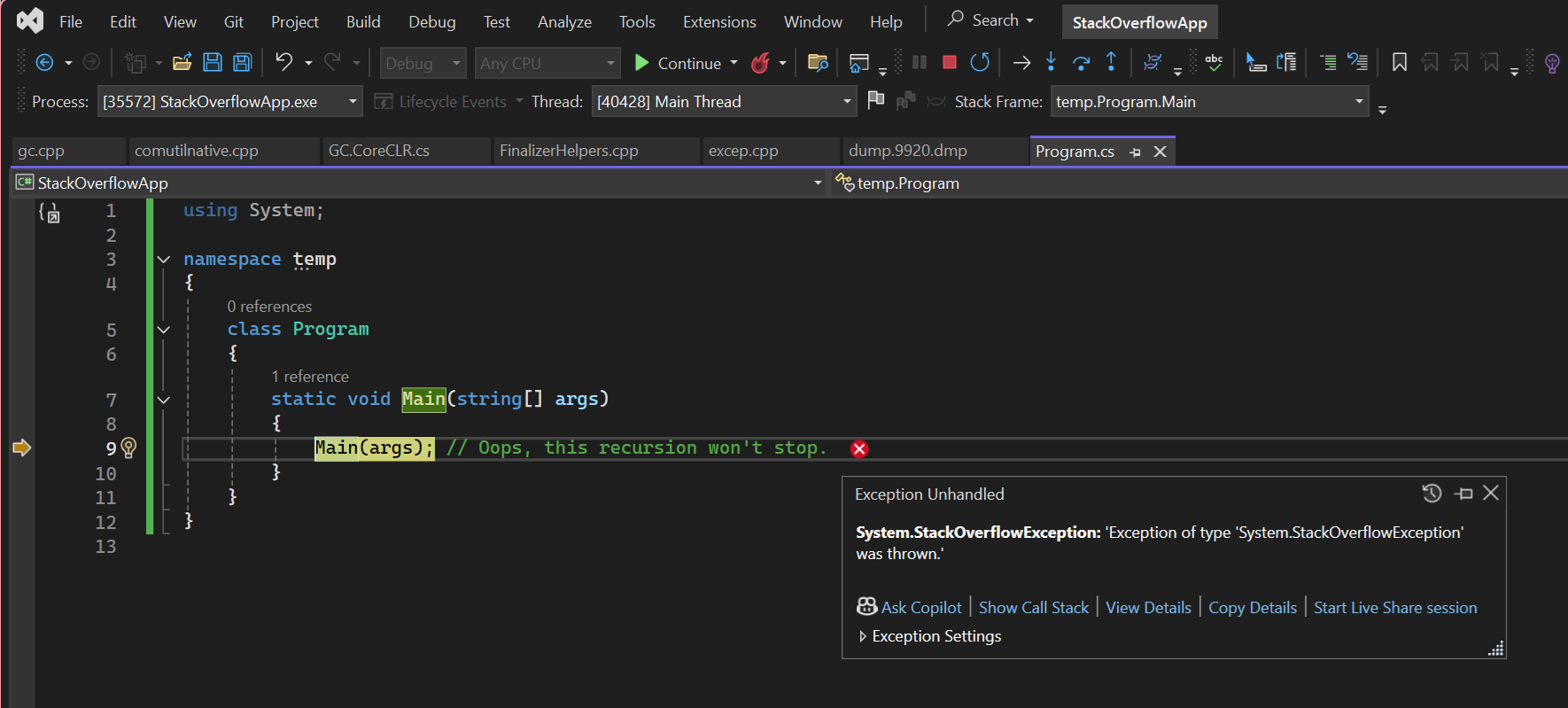 caixa de diálogo StackOverflowException do Visual Studio.