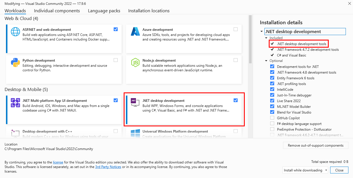 Uma captura de ecrã que mostra Visual Studio Instalador com a carga de trabalho do .NET Desktop destacada com uma caixa vermelha.