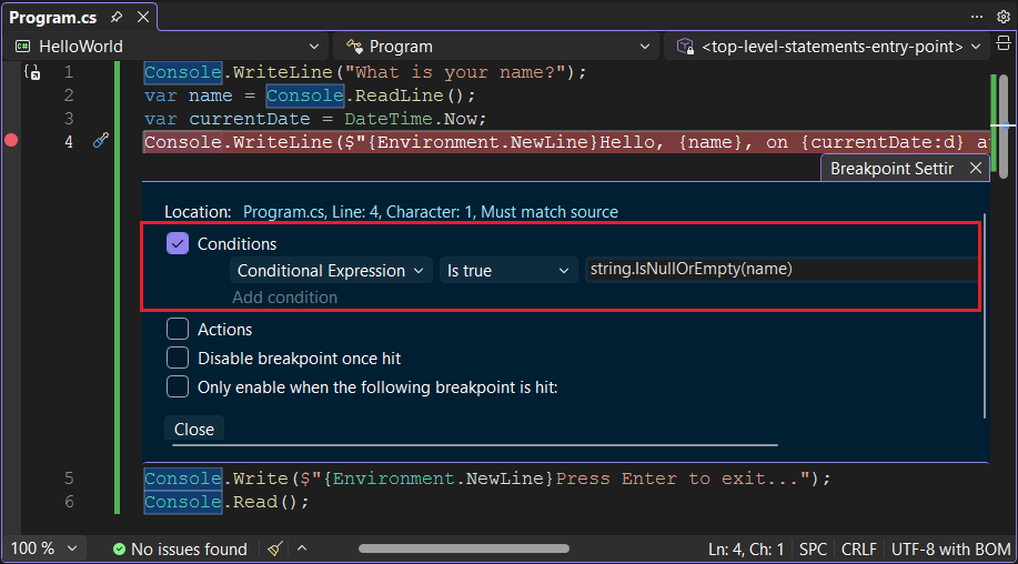 mostrando o painel de configurações de ponto de interrupção - C#