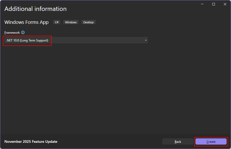 Uma captura de ecrã do diálogo 'Informação adicional' de Visual Studio 2026. A caixa suspensa 'Framework' tem '.NET 10 (Suporte a Longo Prazo)' selecionada e destacada com uma caixa vermelha. O botão 'Criar' também está destacado com uma caixa vermelha.