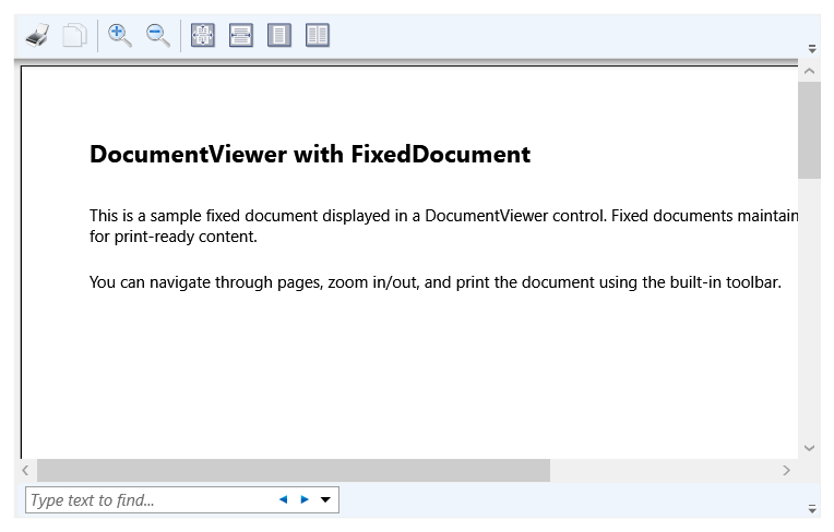 Captura de ecrã do controlo DocumentViewer com um documento de exemplo aberto.