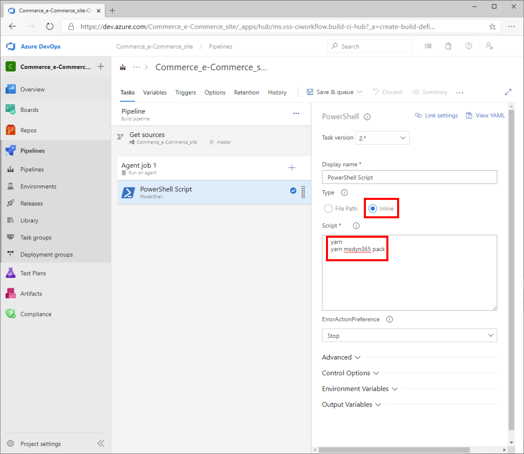 Screenshot of Azure DevOps PowerShell pane with the Inline option and the Script field value highlighted.