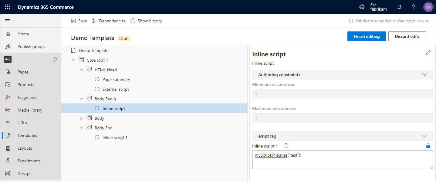 Screenshot of an inline script module added.