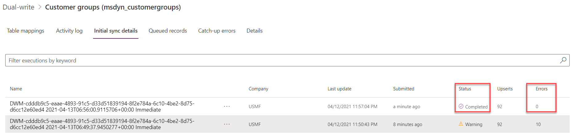 Screenshot of the initial sync retry without errors.