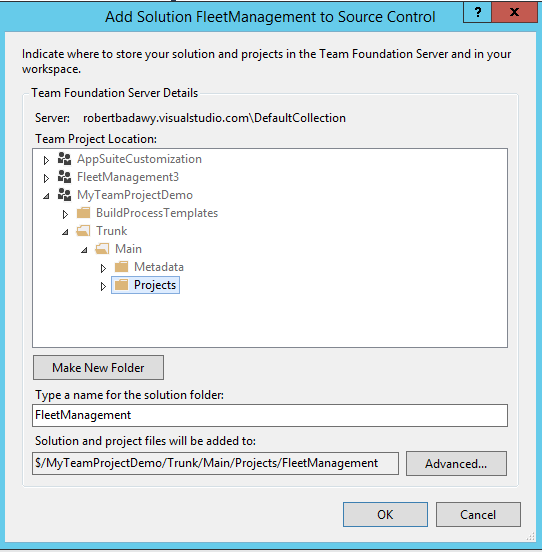 Screenshot of the folder structure of Team Foundation Server.