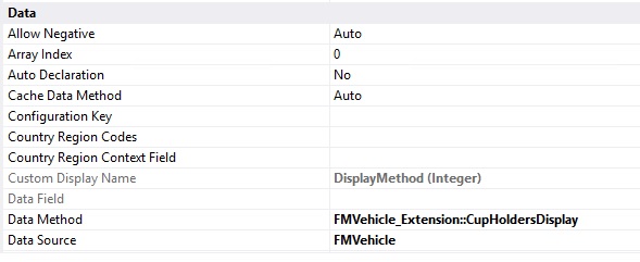 Screenshot of the extension display method binding in the form properties.