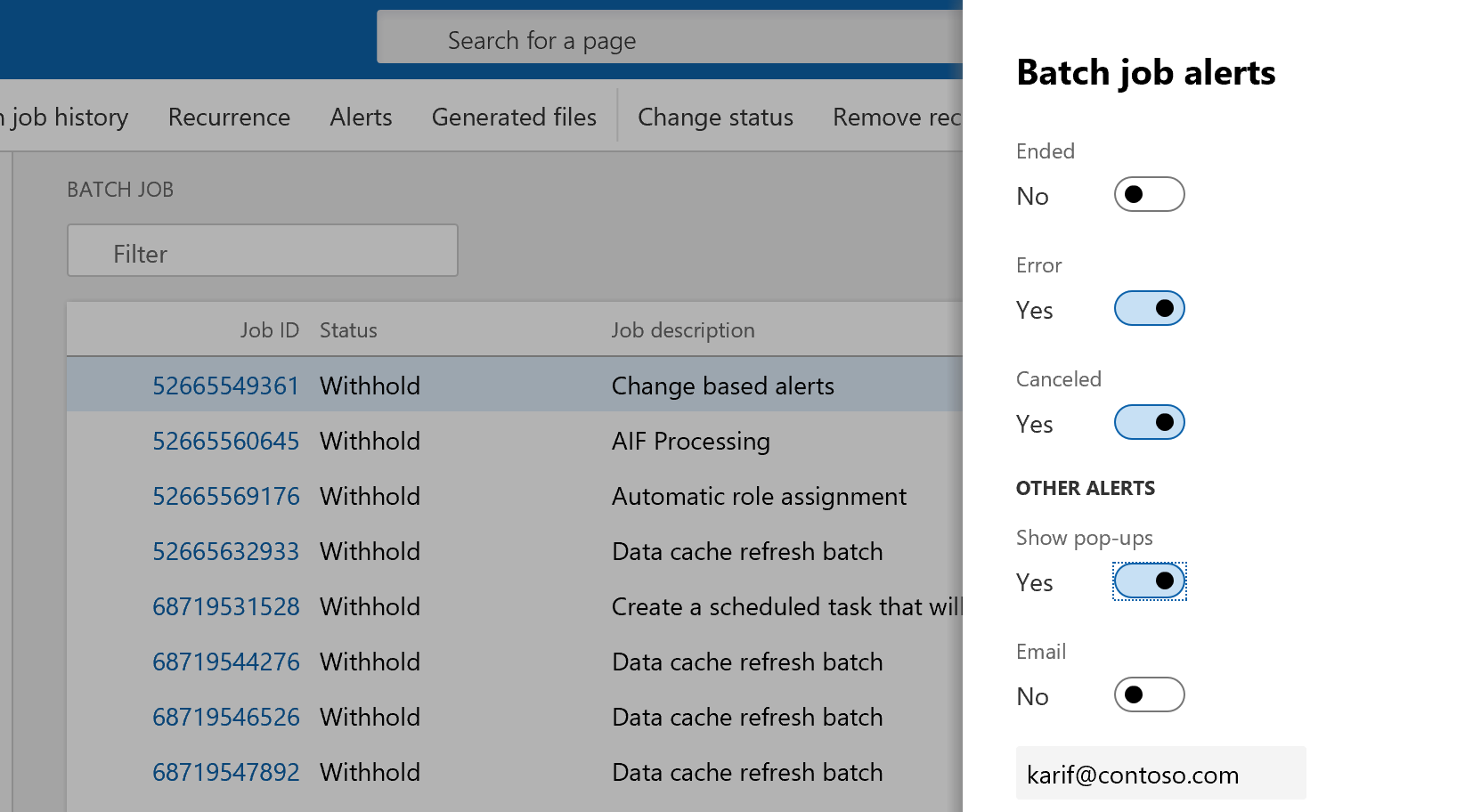 Screenshot of the Batch job alerts dialog box configuration.
