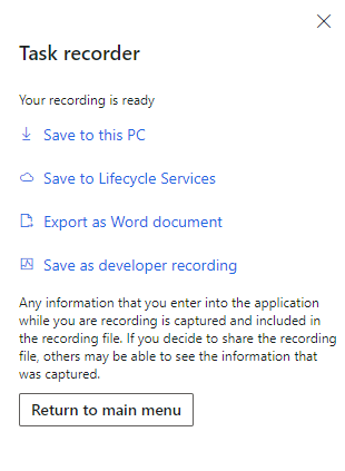 Options for downloading or saving a recording after recording has ended.