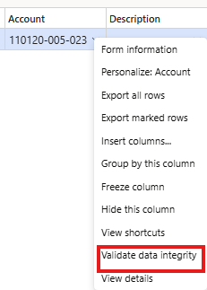 Captura de ecrã do diálogo de validar integridade de dados.