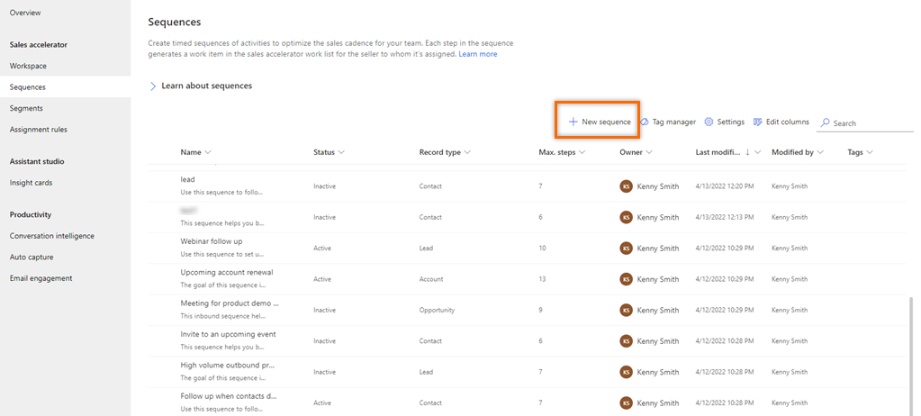 Captura de ecrã da seleção de Nova para criar uma sequência no Dynamics 365 Sales.