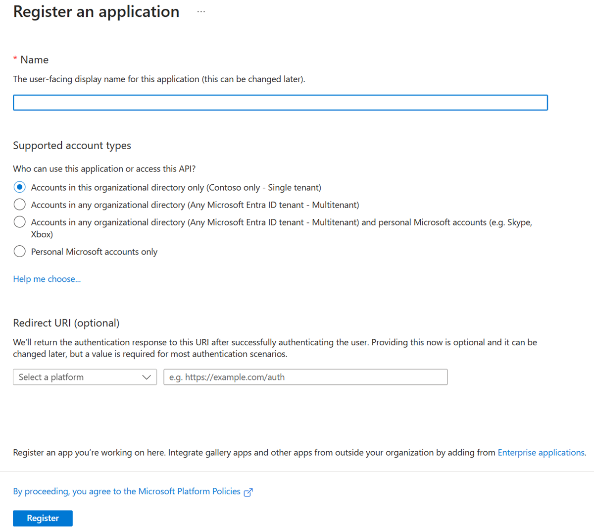 Captura de ecrã que mostra a página de criação do registo da aplicação no centro de administração do Microsoft Entra.
