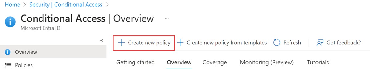 Uma captura de ecrã da página Acesso Condicional, onde seleciona 'Nova política' e, em seguida, seleciona 'Criar nova política'.