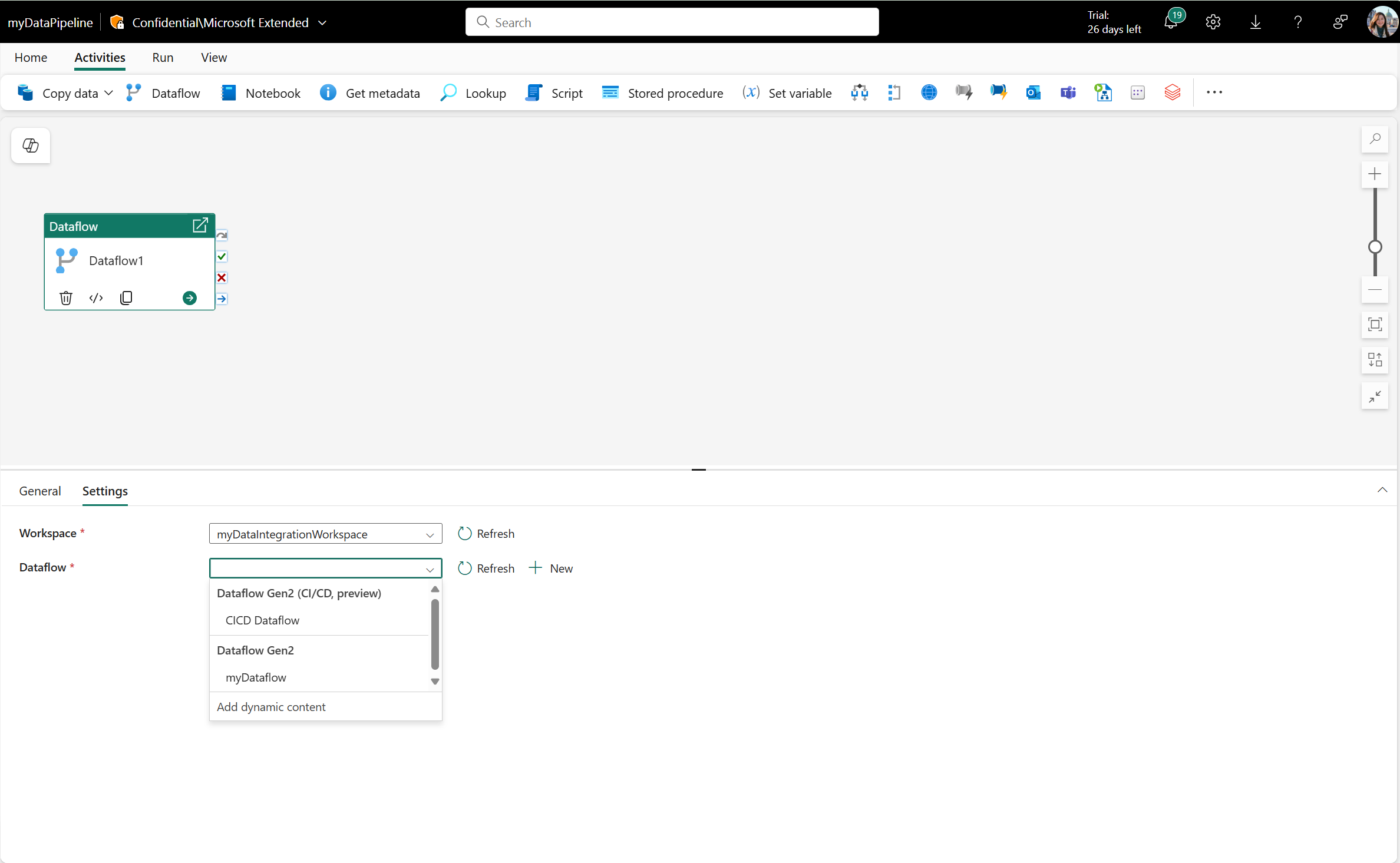 Captura de tela mostrando a lista suspensa com uma lista de fluxos de dados a serem selecionados na guia Configurações de atividade de fluxo de dados