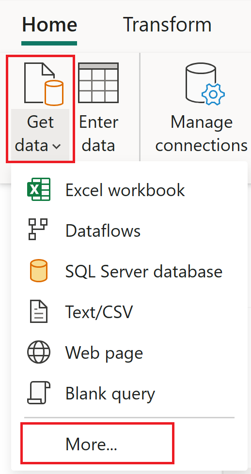 Captura de tela do menu Obter dados com Mais enfatizado.
