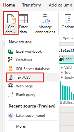 Captura de ecrã que mostra a seleção do menu Obter Dados no separador Base, com Texto/CSV realçado.