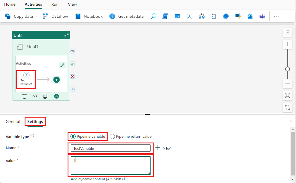 Captura de tela mostrando as configurações da atividade filho Definir variável da atividade Até.