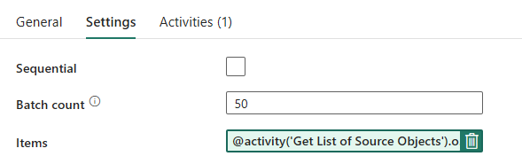Captura de ecrã mostrando a guia de configurações da Atividade de Loop ForEach.