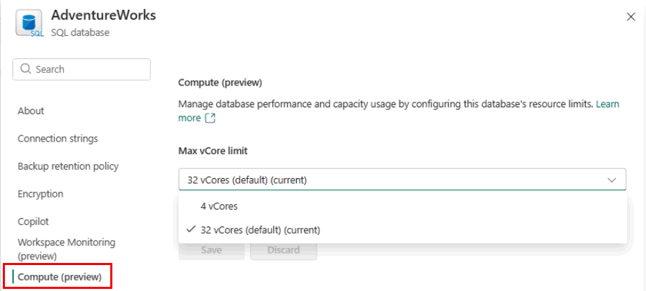 Captura de ecrã do portal Fabric que mostra como configurar o limite máximo de v Core para uma base de dados SQL.