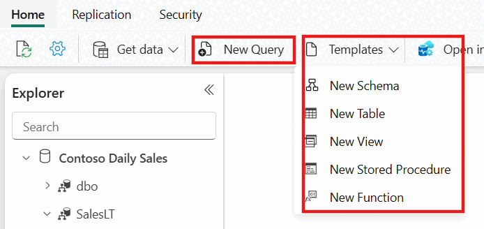 Captura de ecrã do portal Fabric do editor de consultas SQL e modelos.