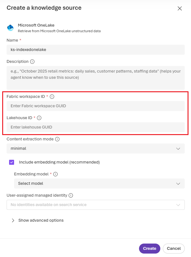 Captura de ecrã que mostra como fornecer os IDs da área de trabalho e do lakehouse para criar a fonte de conhecimento do OneLake.